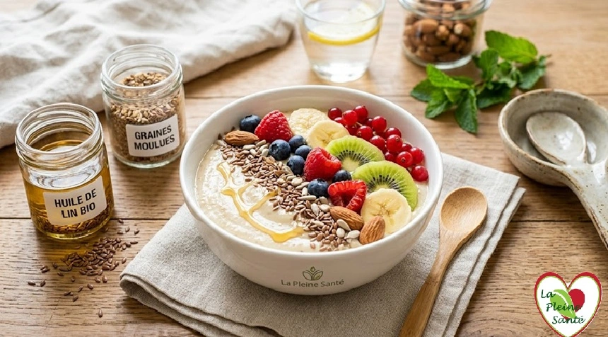 Présenté dans un bol , la crème Budwig composé de fraise, kiwi, banane, myrtilles, amandes dans du fromage blanc avec des graines moulues et de l'huie de lin bio