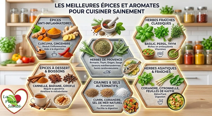 Les meilleures épices et aromates pour cuisiner : curcuma, gingembre, cannelle, girofle, cumin, coriandre, sel de mer , basilic, persil, thym...