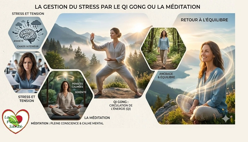 Plusieurs exercices de méditation, de qi gong , de retour à l'équilibre pour gérer le stress