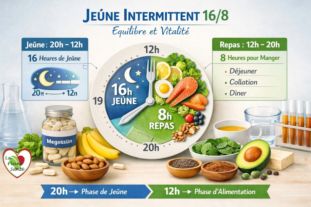 Le jeûne intermittent 16/8 est la méthode la plus courante la 16/8 c'est à dire : 16h de jeûne et 8h pour manger