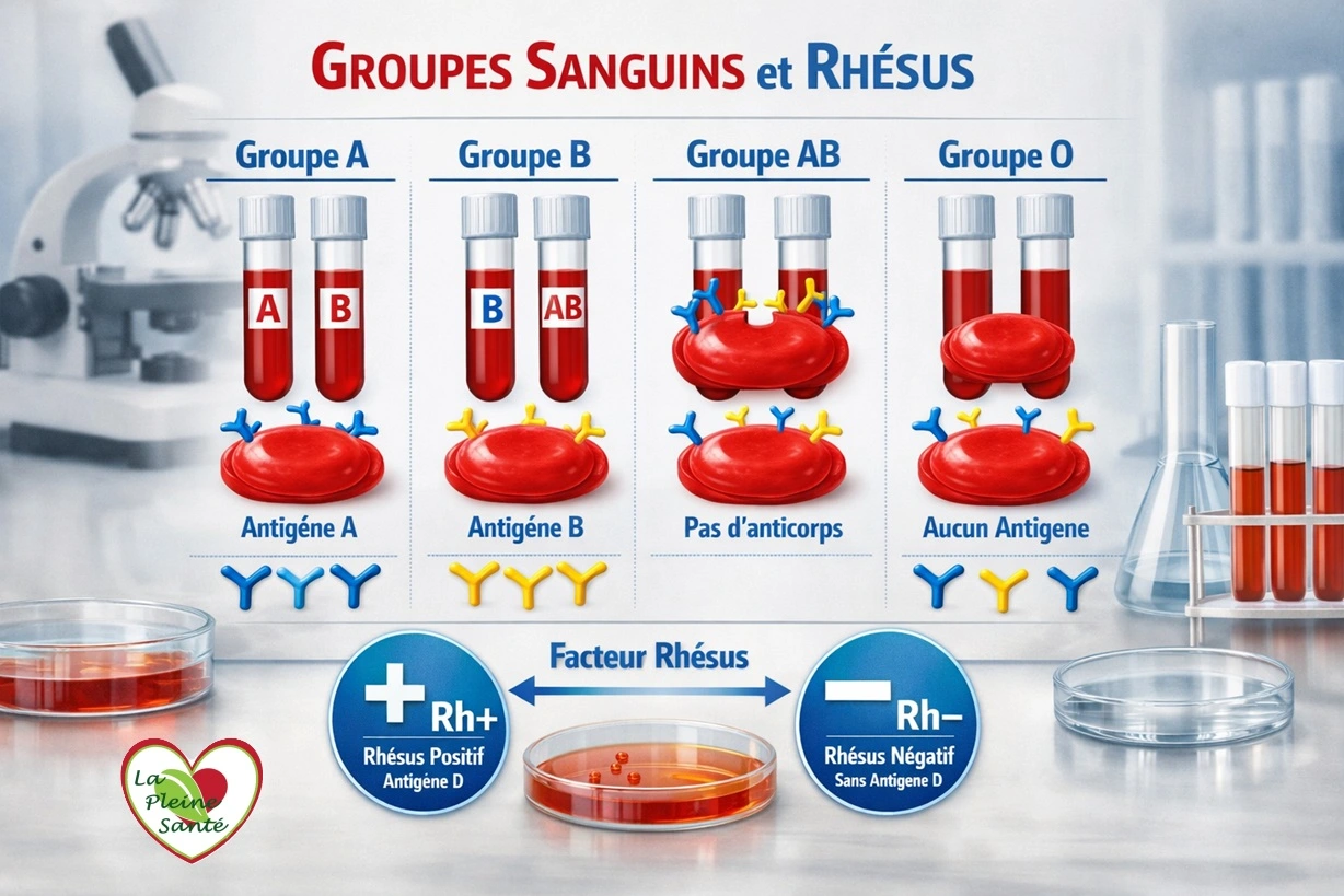 Tous les groupes sanguins A, B, AB ou O et leur rhésus