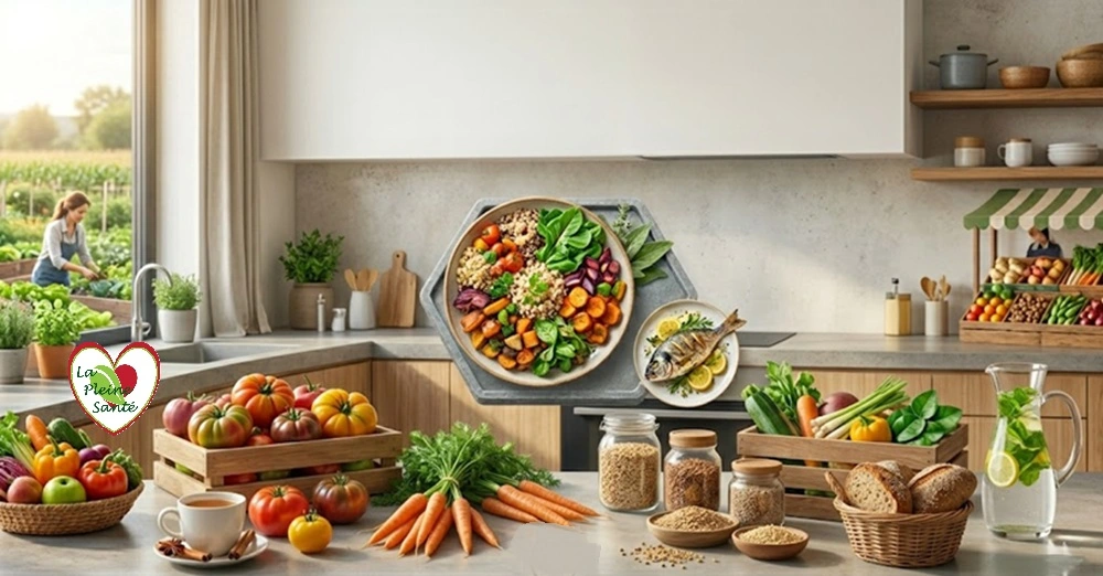 Cuisine avec un assortiment d'alimentscarottes, tomates, courgettes, poivrons... des graines, du poisson et du pain aux céréales : pour une alimentation saine
