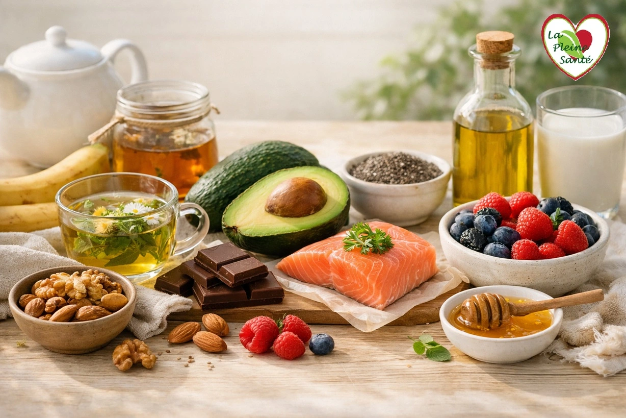 Avocat, beurre, saumon, légumes frais, fruits frais, chocolat noir...pour une alimentation équilibrée