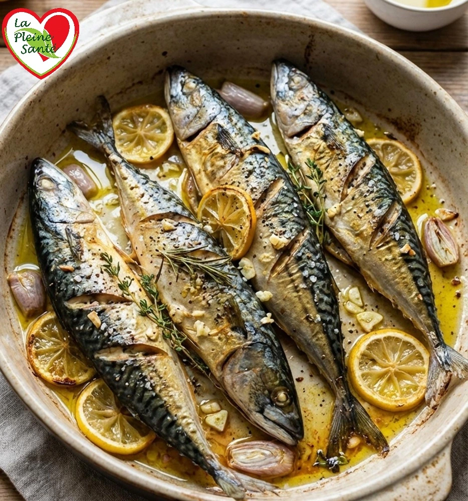 Des maquereaux au four avec des ingrédients courants : quelques rondelles de citron, un filet d’huile d’olive, de l’ail, du thym ou du romarin. Le résultat est parfumé, compatible avec une alimentation sans gluten ni lactose.